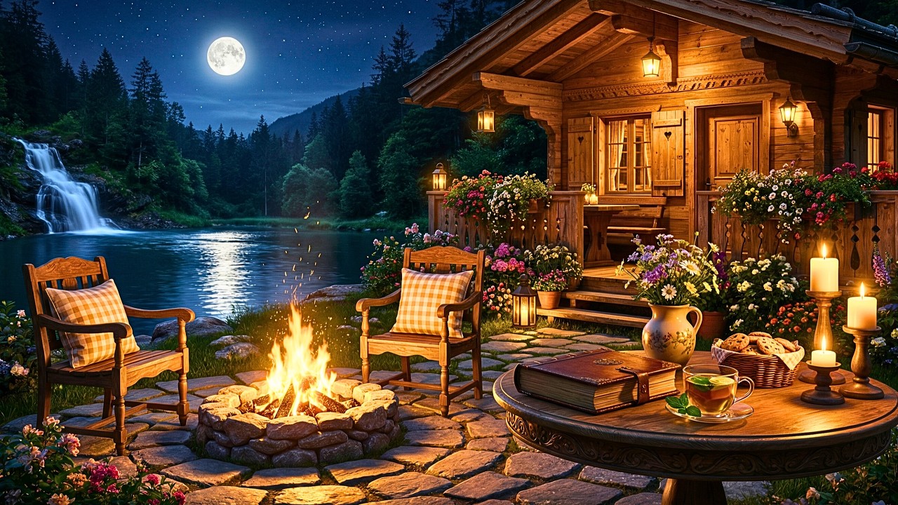 Moonlit Mountain Cabin Ambience | Campfire & Lake Sounds for Relaxation and Sleep in Calmness