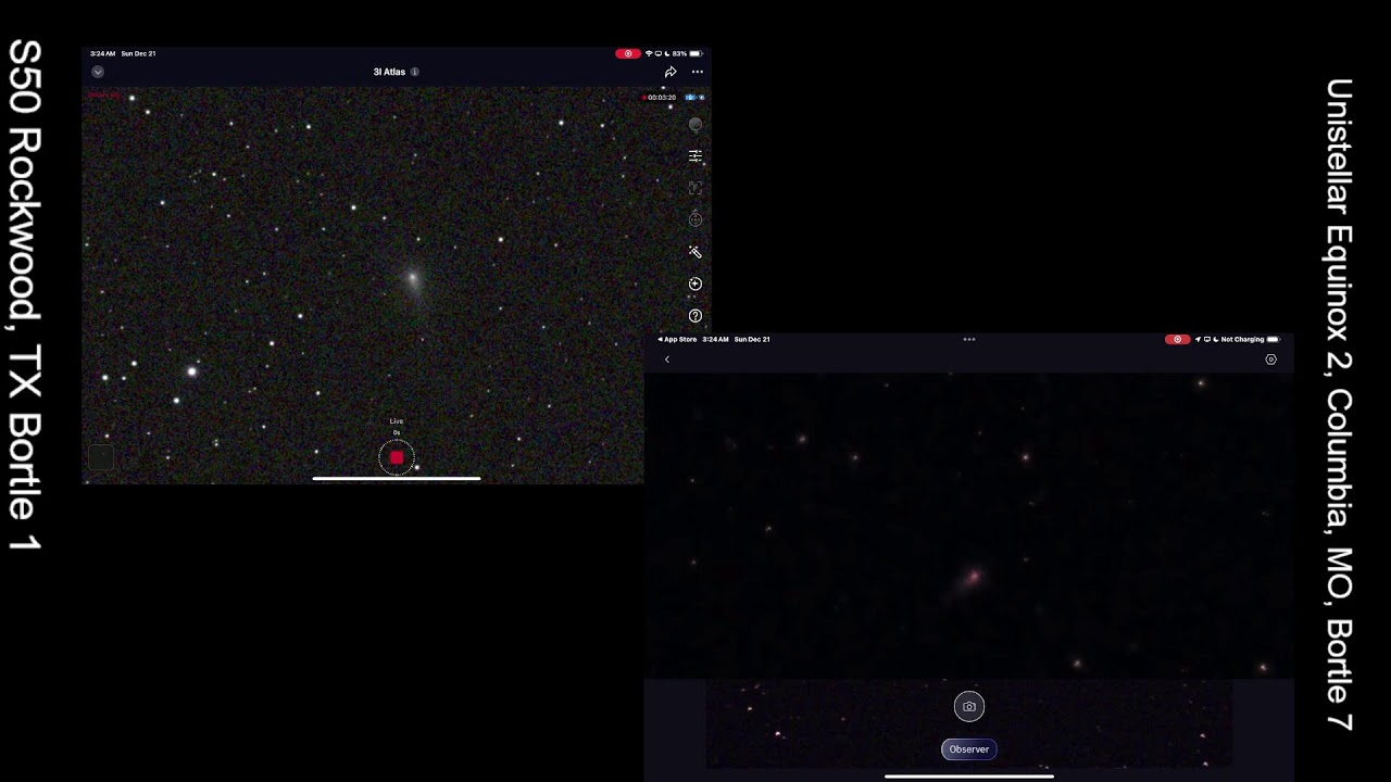 Imaging 3I atlas with my S50, in  Rockwood, Tx & Unistellar EQ2 in Columbia, MO  on Dec. 21, 2025