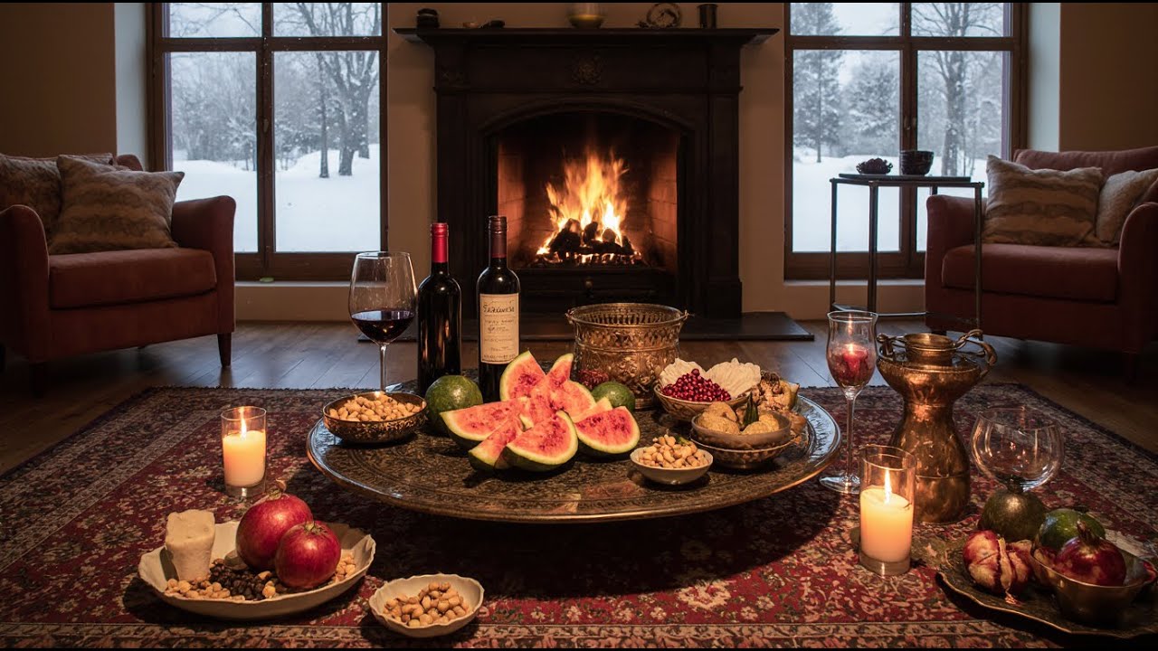 Yalda Night Cozy Fireplace | Persian Treats, Pomegranates & Snowfall for Winter Relaxation