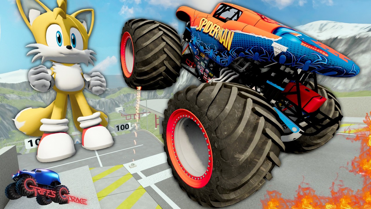 Insane Monster Jam Crashes Into GIANT Sonic Tails | Extreme Engine Destruction! High Speed Jumps