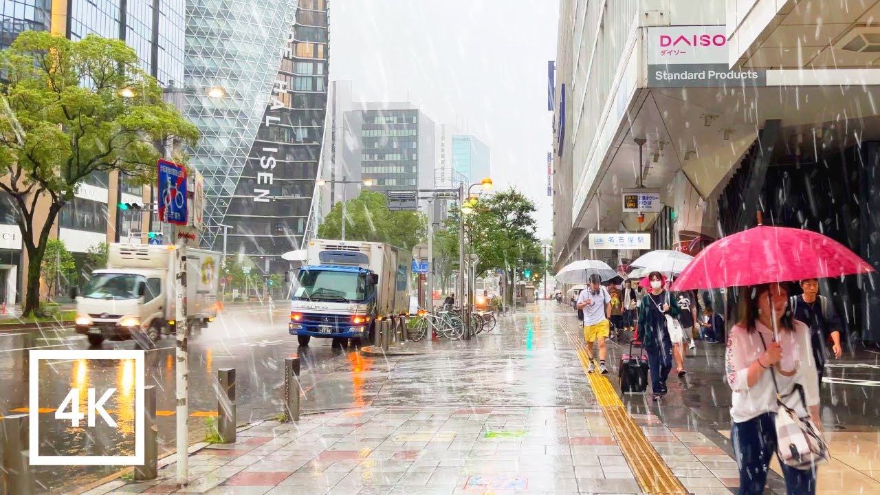 Walking Around Nagoya Station in Heavy Rain - Japan 4K Walking Tour [4K HDR/60fps]