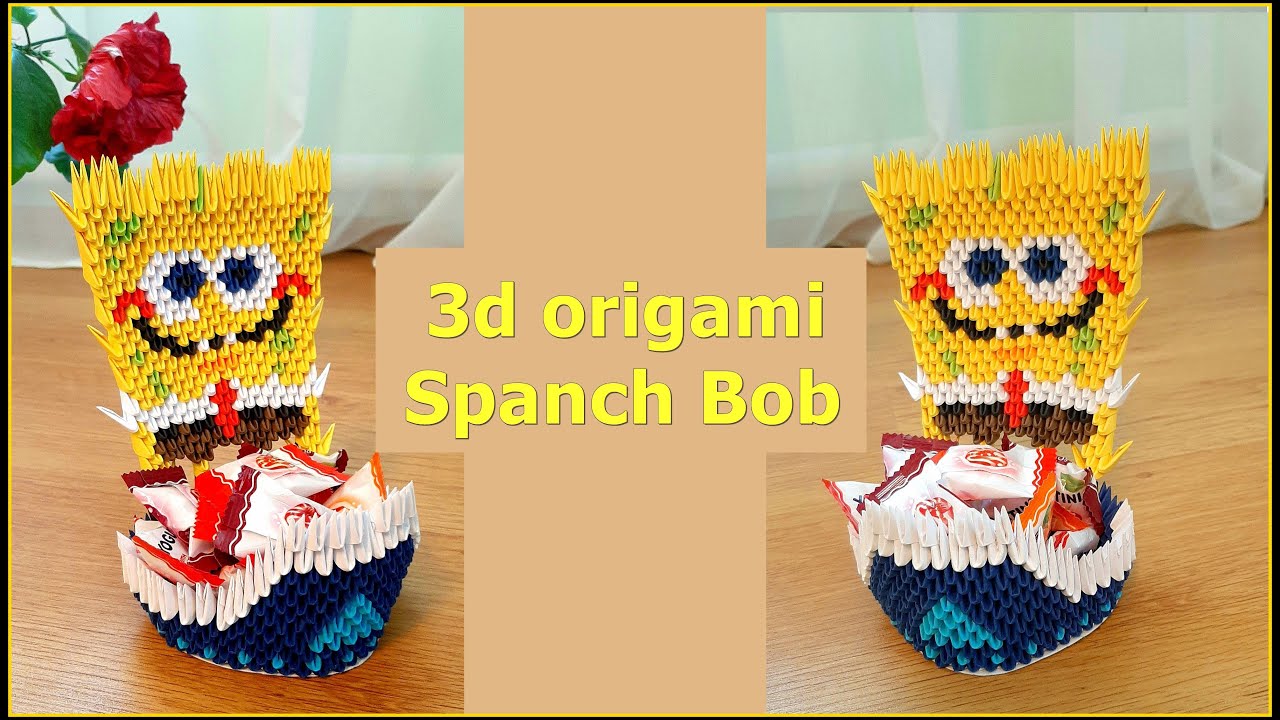 DIY. 3d origami Spanch Bob. Handmade paper candy cane.