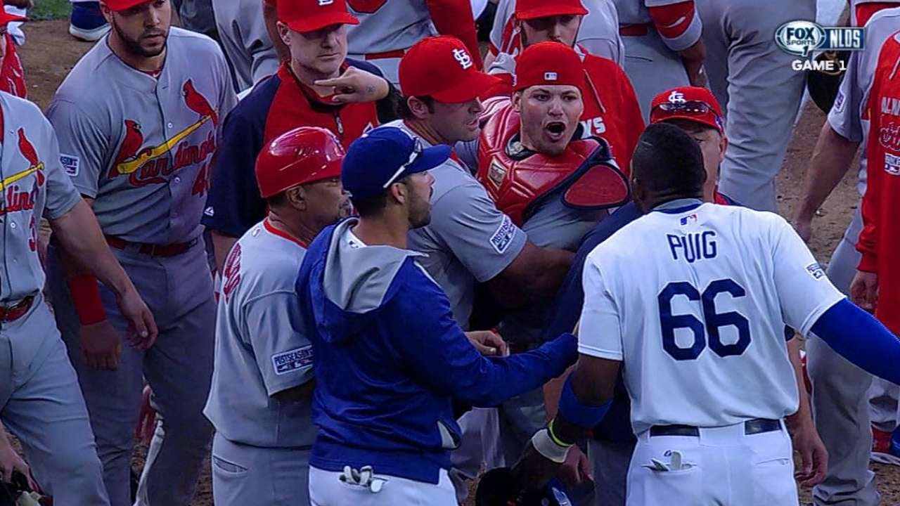 Puig plunked in 3rd, benches clear