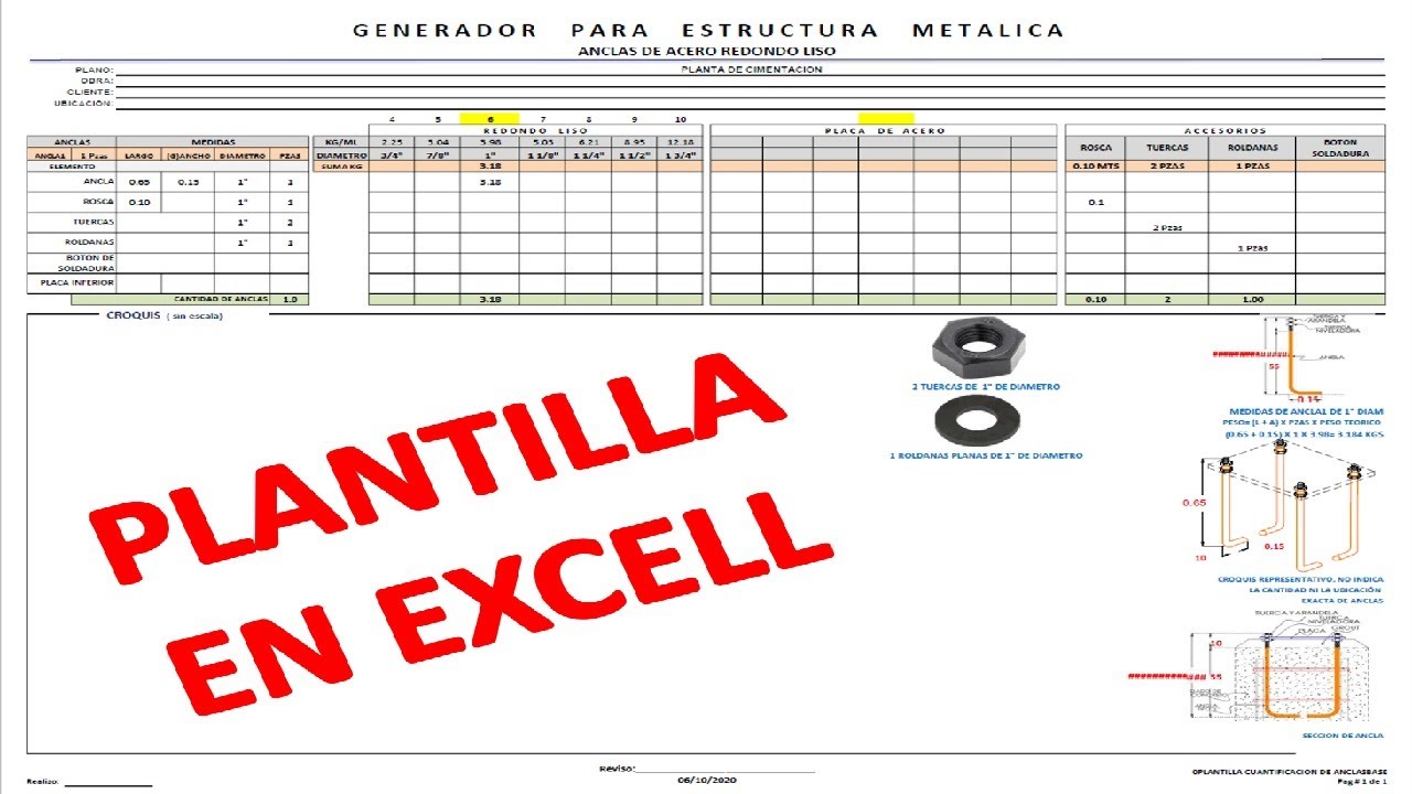 EXCELL PARA CALCULAR EL PESO DE LAS ANCLAS DE ACERO PARA PLACA BASE