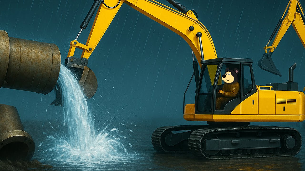 Broken Water Pipe - Excavator for Water Pipe Repair | The Bear Construction Vehicles