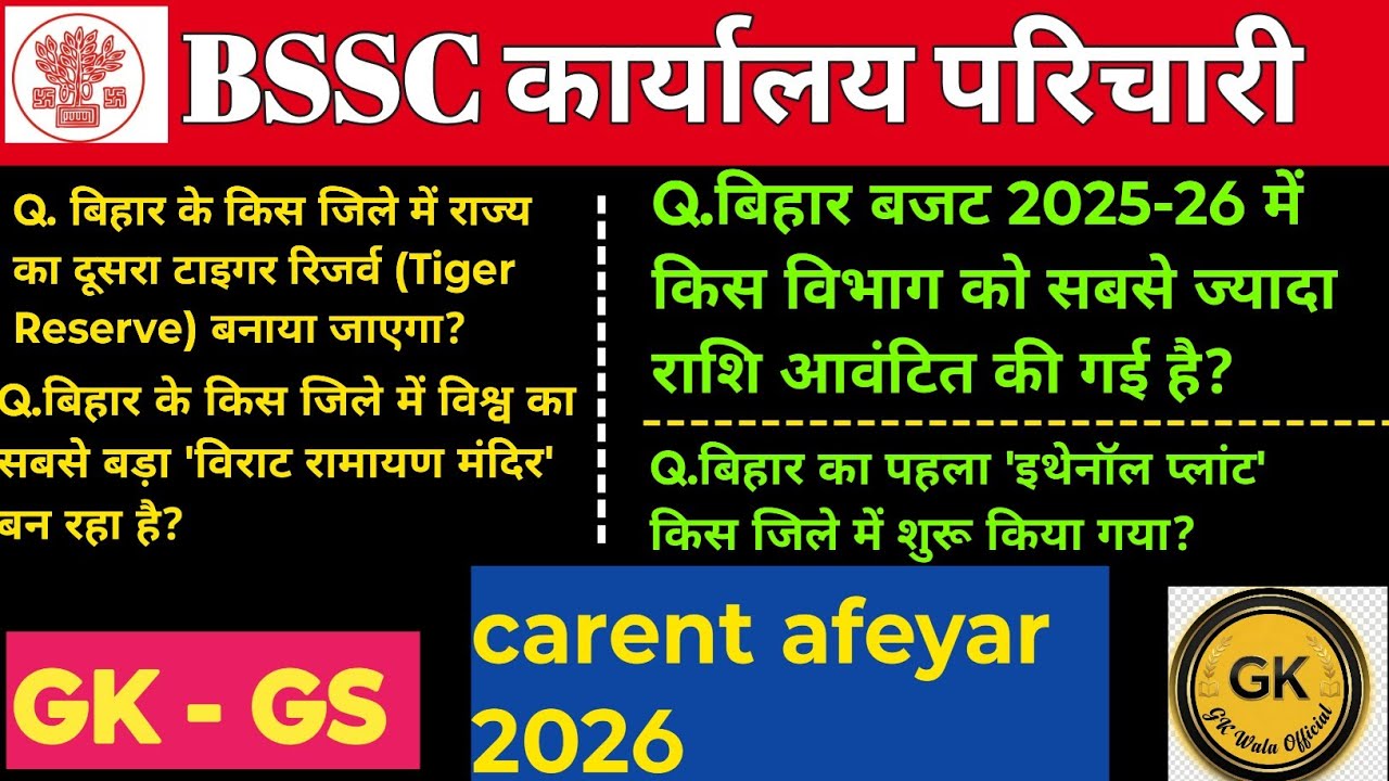 Bihar SSC Current Affairs 2024-25 | 30 महत्वपूर्ण प्रश्न | BSSC Inter Level GK | GK Wala Official