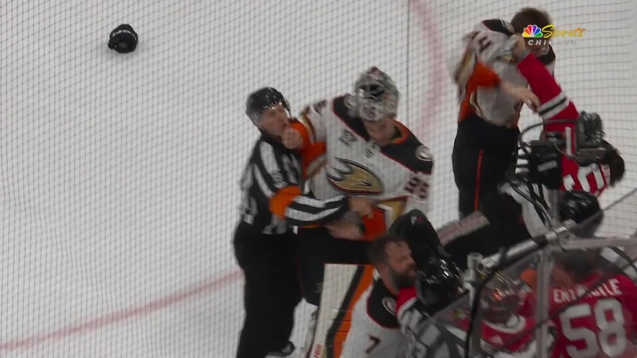 John Gibson Wants A Piece Of Petr Mrazek During Chicago Blackhawks Vs Anaheim Ducks Scrum