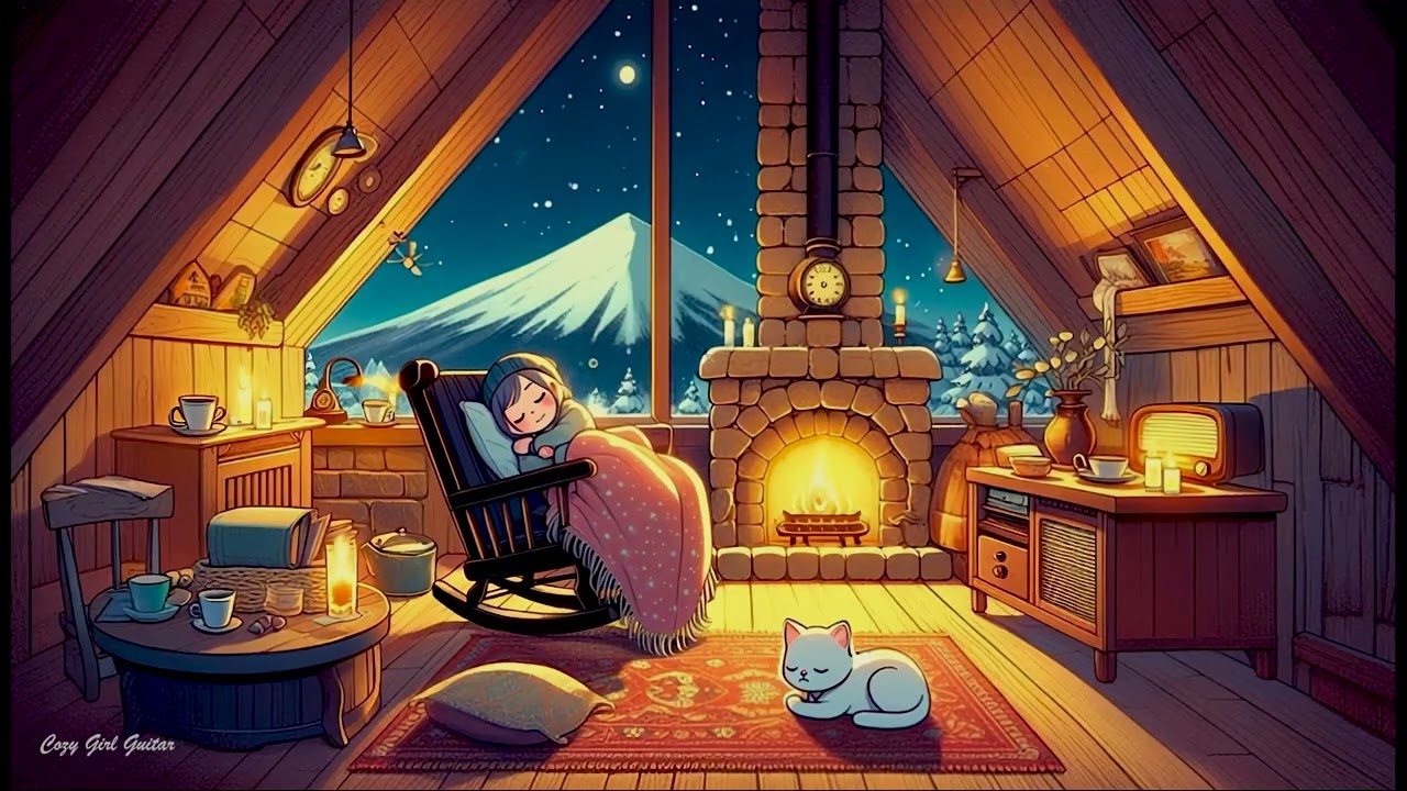 Slow Vintage Life 🌙 Relaxing Guitar From Another Room | Cozy Snowfall Night & Fireplace Calm