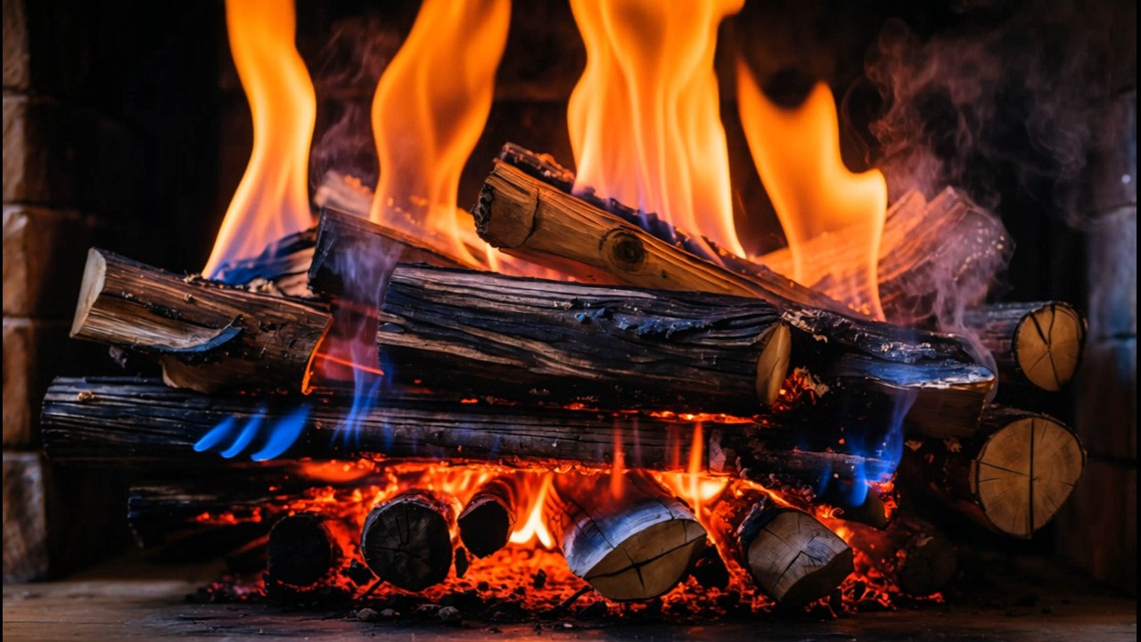 ❄️ Deep Calm & Warm Serenity with Blue and Orange Fireplace Flames Over Glowing Logs