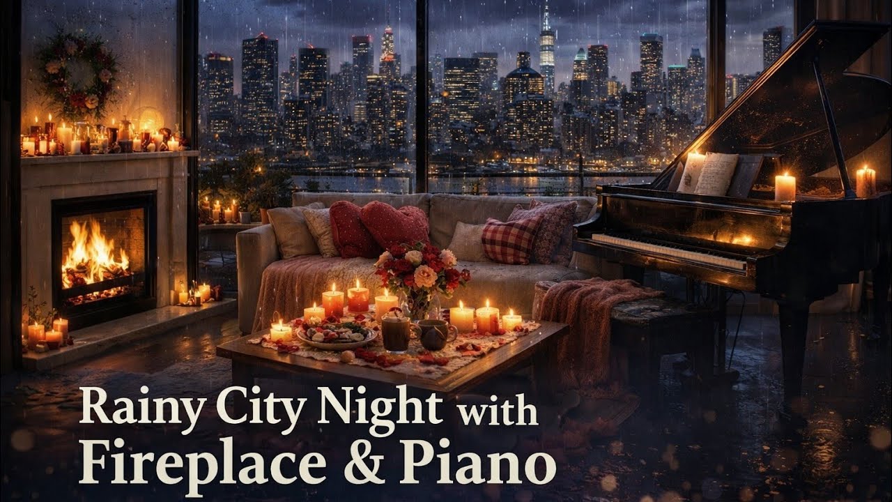  Rainy City Night with Fireplace & Piano – Cozy Sleep Ambience 8 Hours #bizzard #ambience #fireplace