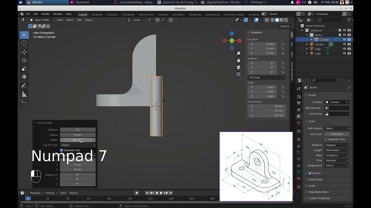 Blender 3.0: Diseñando una pieza técnica y simétrica a partir de su perspectiva acotada