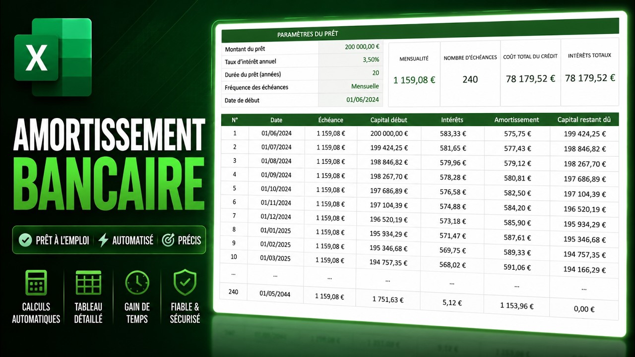 EXCEL | FAIRE UN TABLEAU D'AMORTISSEMENT BANCAIRE DYNAMIQUE