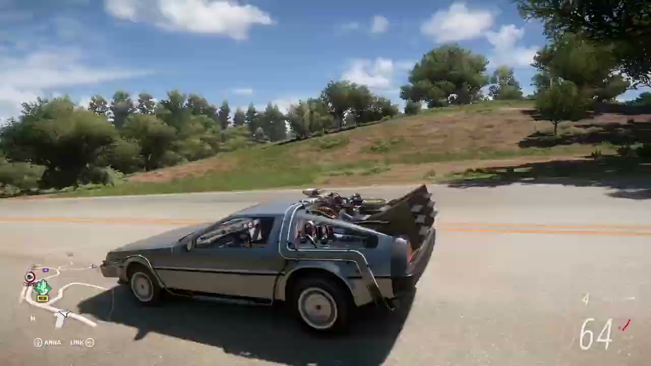 Cruising in Forza Horizon 5 in the time machine from Back to the Future.
