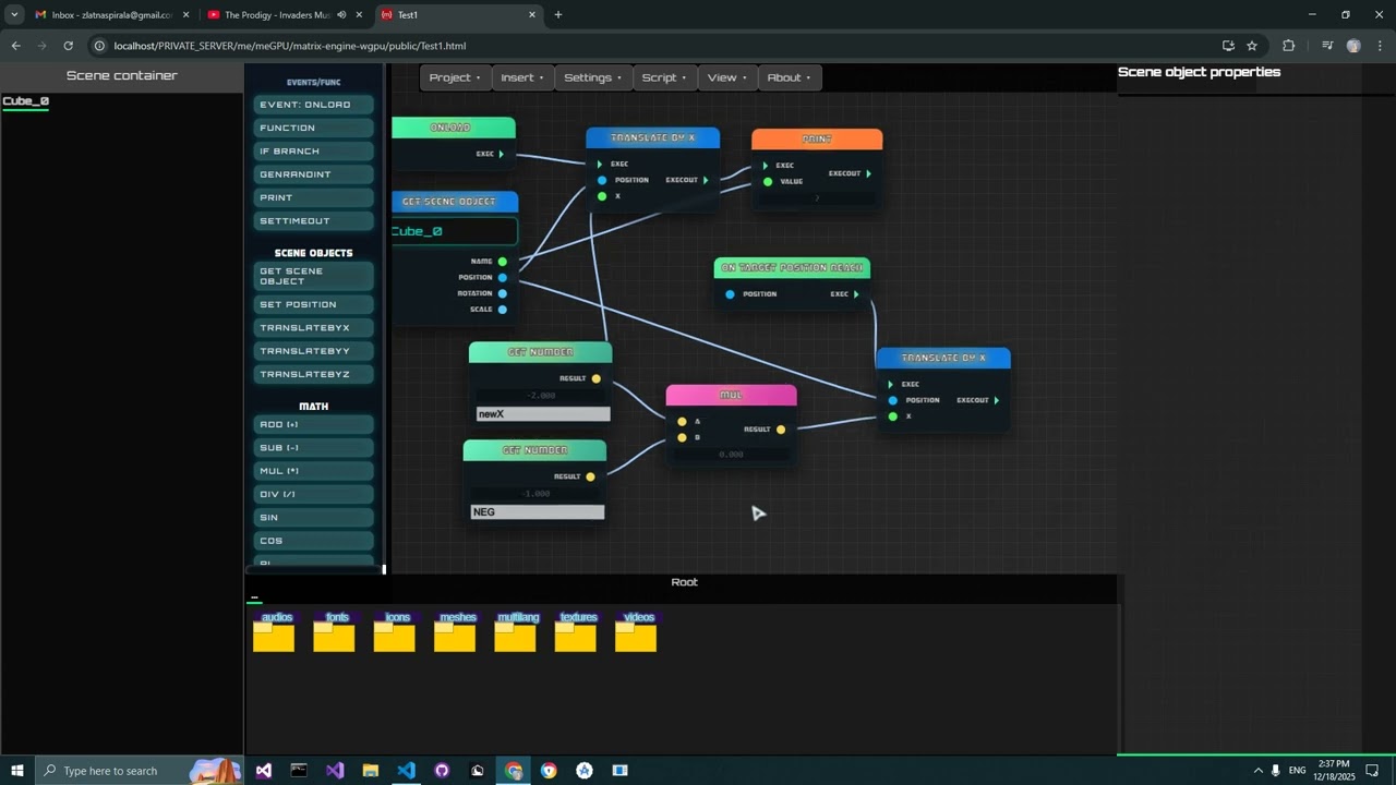 Visual Scripting Basic prototype done for matrix engine wgpu engine OpenSource Javascript