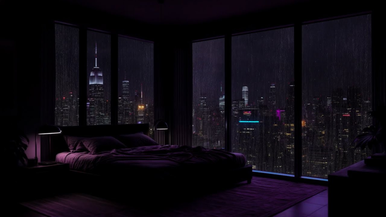 Rain with Soft Thunder at Night — City Ambience for Deep Sleep | Violet Rain City