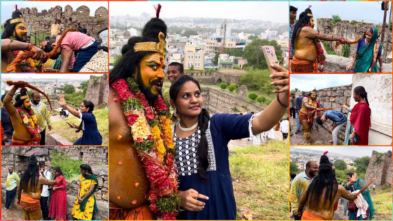 Potharaju beating girl at Golkonda Bonalu 2023 | Potharaju Giving blessing For little Kids&Oldwomen