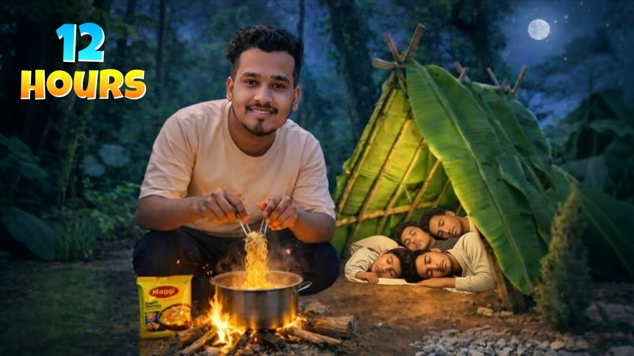 Overnight Banana Leaf Shelter Challenge – Survived 12 Hours in Cold Jungle Night! ❄️