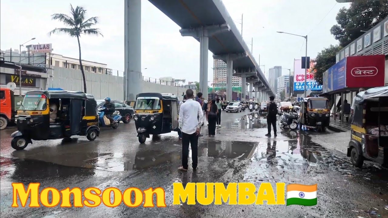 Monsoon Real streets Mumbai  - Lower Oshiwara station, New Link Rd Walking tour (Real Sound)
