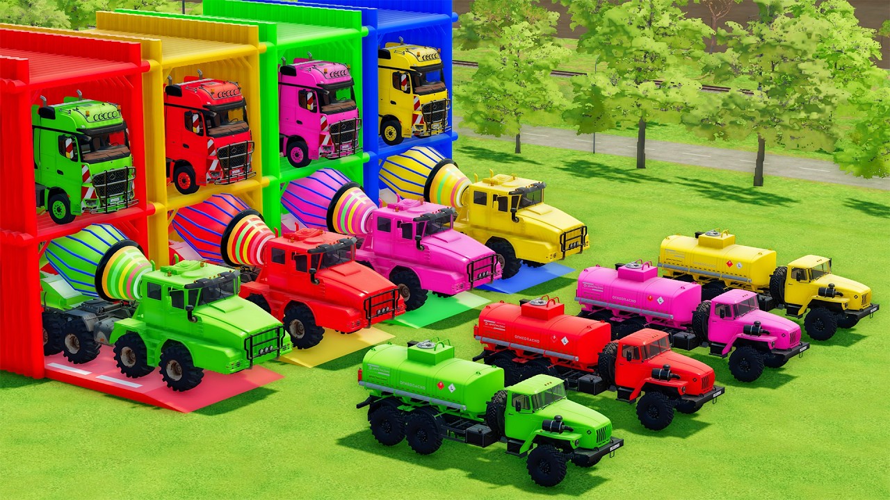 Garage with Colors - ALL MIXER TRUCK WITH DOUBLE FLATBED TRAILER TRUCK, MERCEDES, KOLOB, URAL - FS22