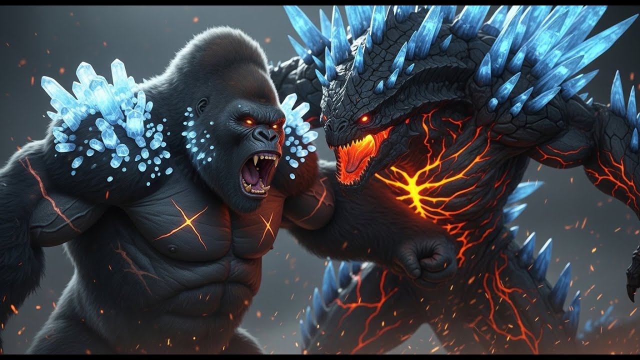King Kong The Iceman and the Crocodile Battle on the Lava Stream