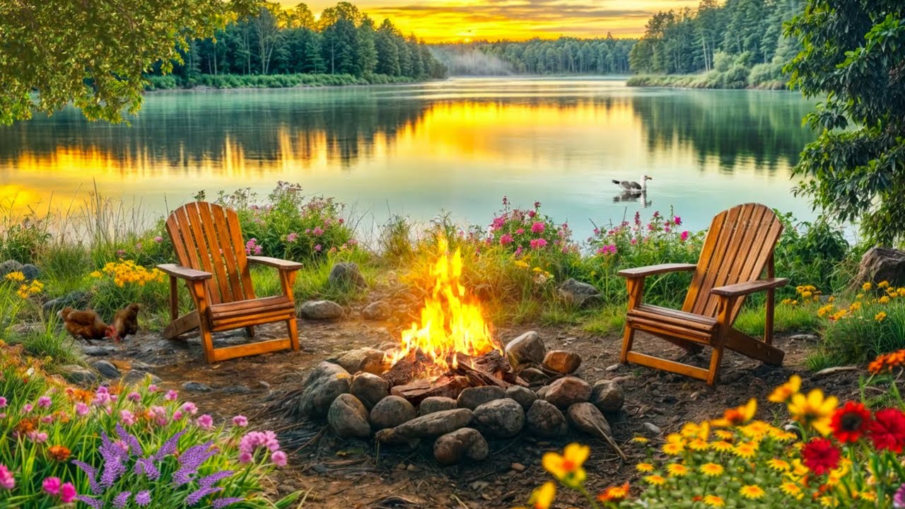 Tranquil Springtime by the Pond with Crackling Campfire | Gentle Nature Ambience for Deep Sleep