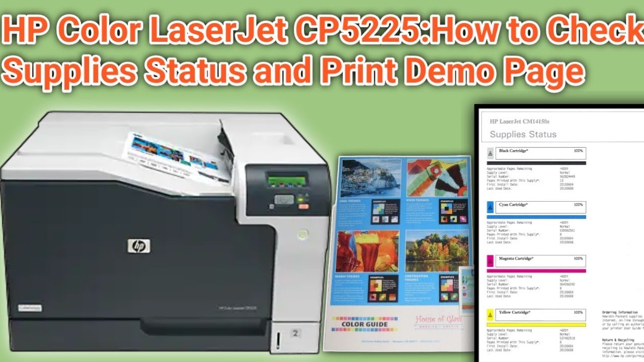 HP Color LaserJet CP5225: Jak sprawdzić stan materiał&oacute;w eksploatacyjnych i wydrukować stronę demo...