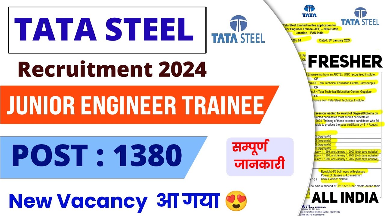 Vacancy आ गया 😍। Tata Steel JET Vacancy 2024। Tata Steel JET 2024। Tata Steel Recruitment 2024। Tata