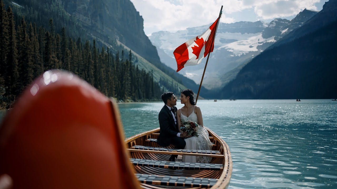 Outdoor wedding at the Fairmont Chateau Lake Louise   Castaño Wedding Films