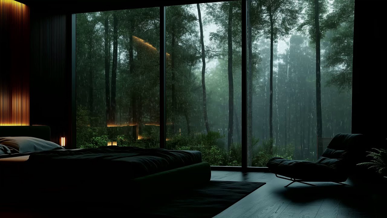 Heavy Rain & Thunderstorm for Sleep • Rain Sounds in a Modern Forest Bedroom (3 Hours)