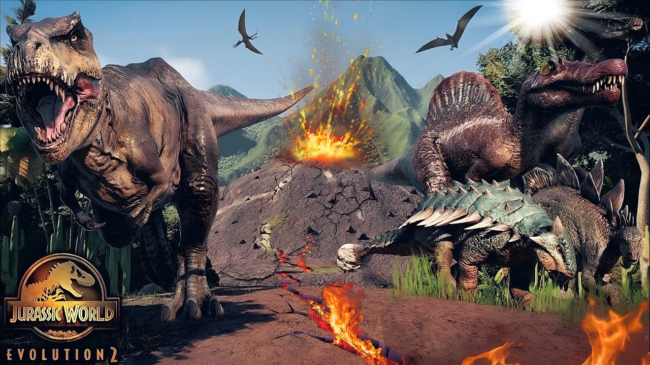 Dinosaurs escaping from erupting volcano in Isla Nublar, Jurassic world evolution