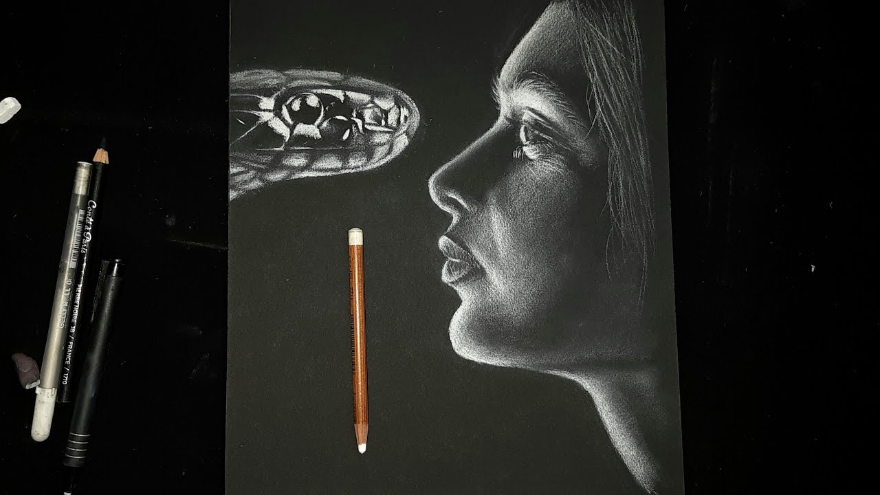 تعليم رسم بورتريه على ورق اسود بالباستل الابيض
