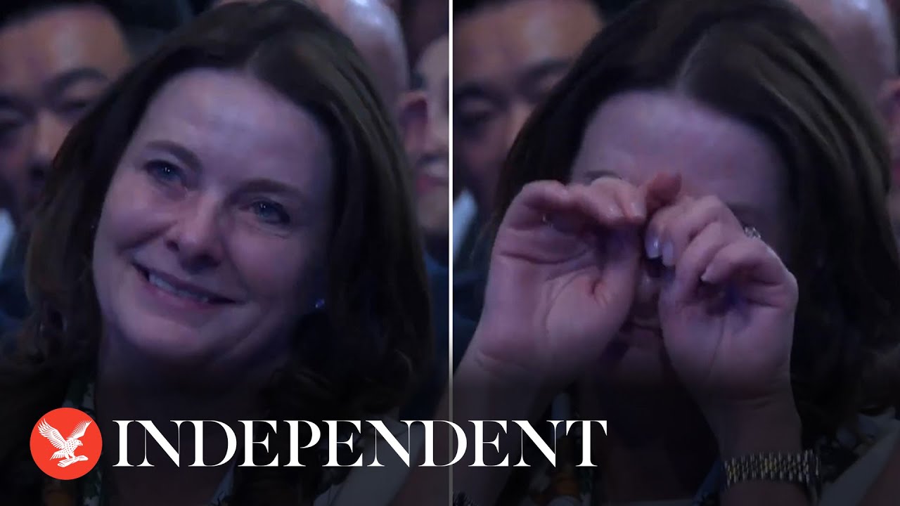 Gillian Keegan cries during Rishi Sunak's Tory conference speech