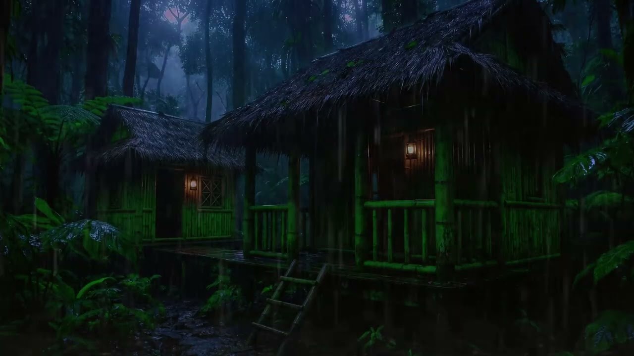 Fall Asleep Quickly to Heavy Rain in a Bamboo Hut in the Forest | Nature Sounds for Deep Sleep