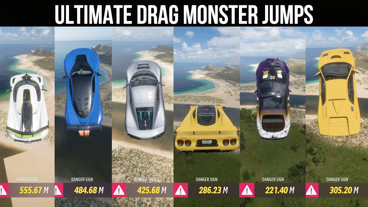 FORZA HORIZON 5 | ULTIMATE DRAG MONSTERS JUMPS | TUNED | WHICH DRAG MONSTER TAKES THE LONGEST FLY ??