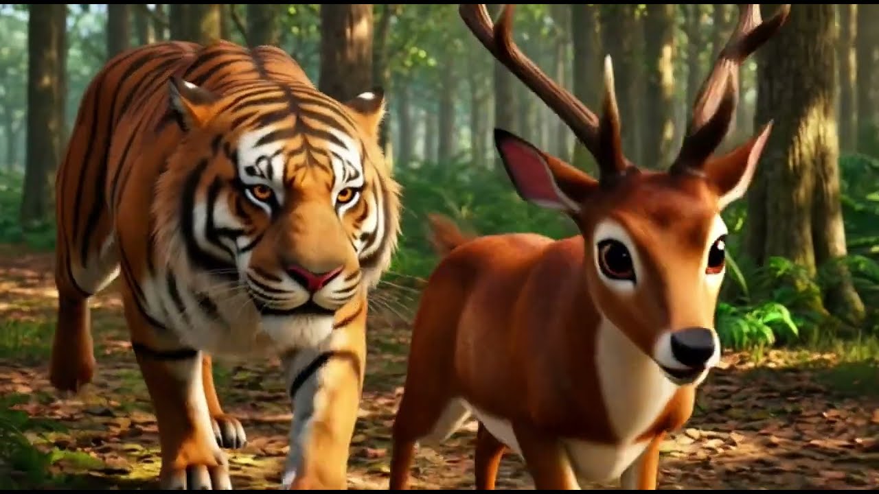 1 stag vs 2 Tiger / wild boar.Young Stag's First Journey