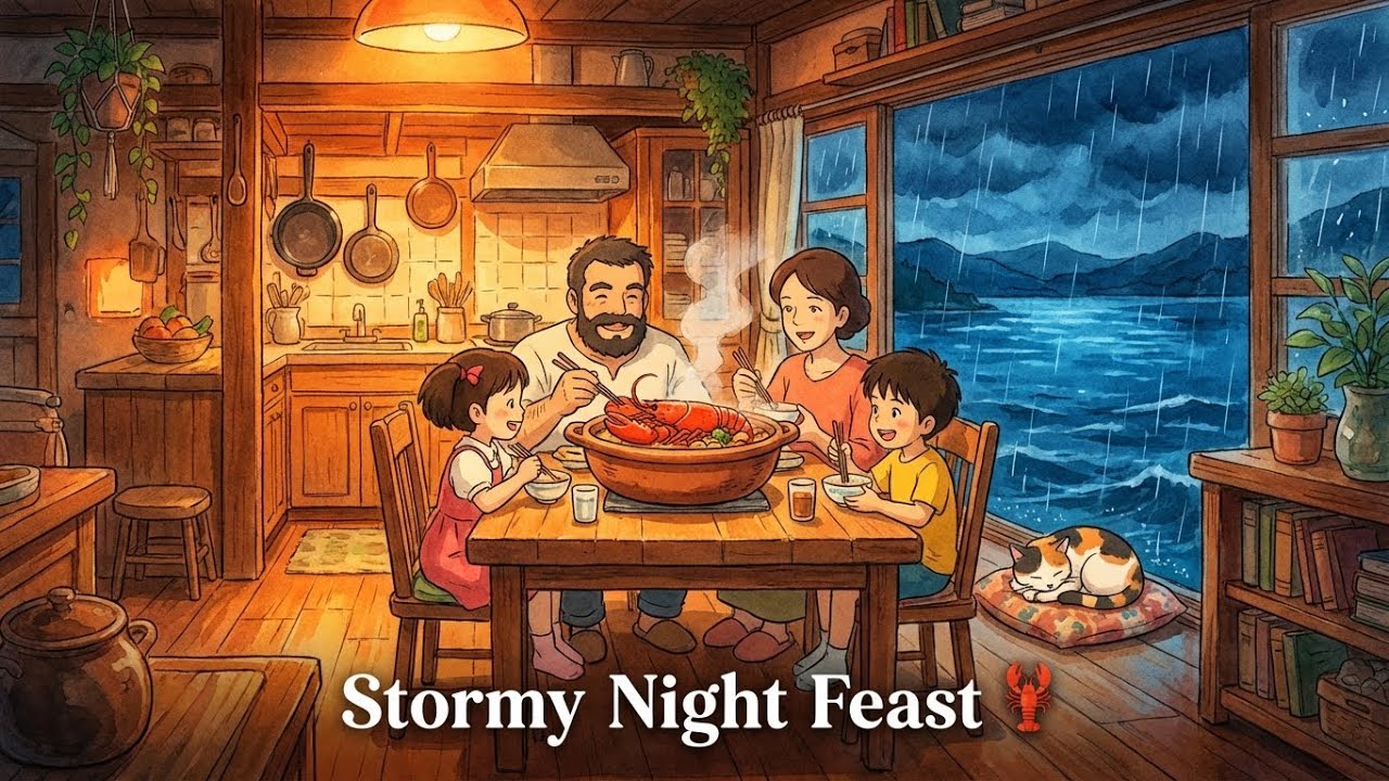 Cozy Shelter in a Storm | 🦞 Hot Lobster Stew & Heavy Rain on the Lake | Ghibli Style Video