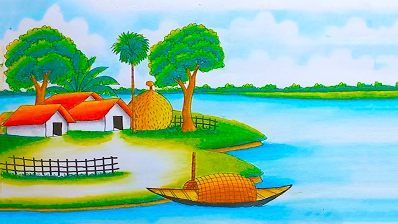 How to Draw a Beautiful Riverside Village Scenery Step by Step | Easy Oil Pastel Tutorial