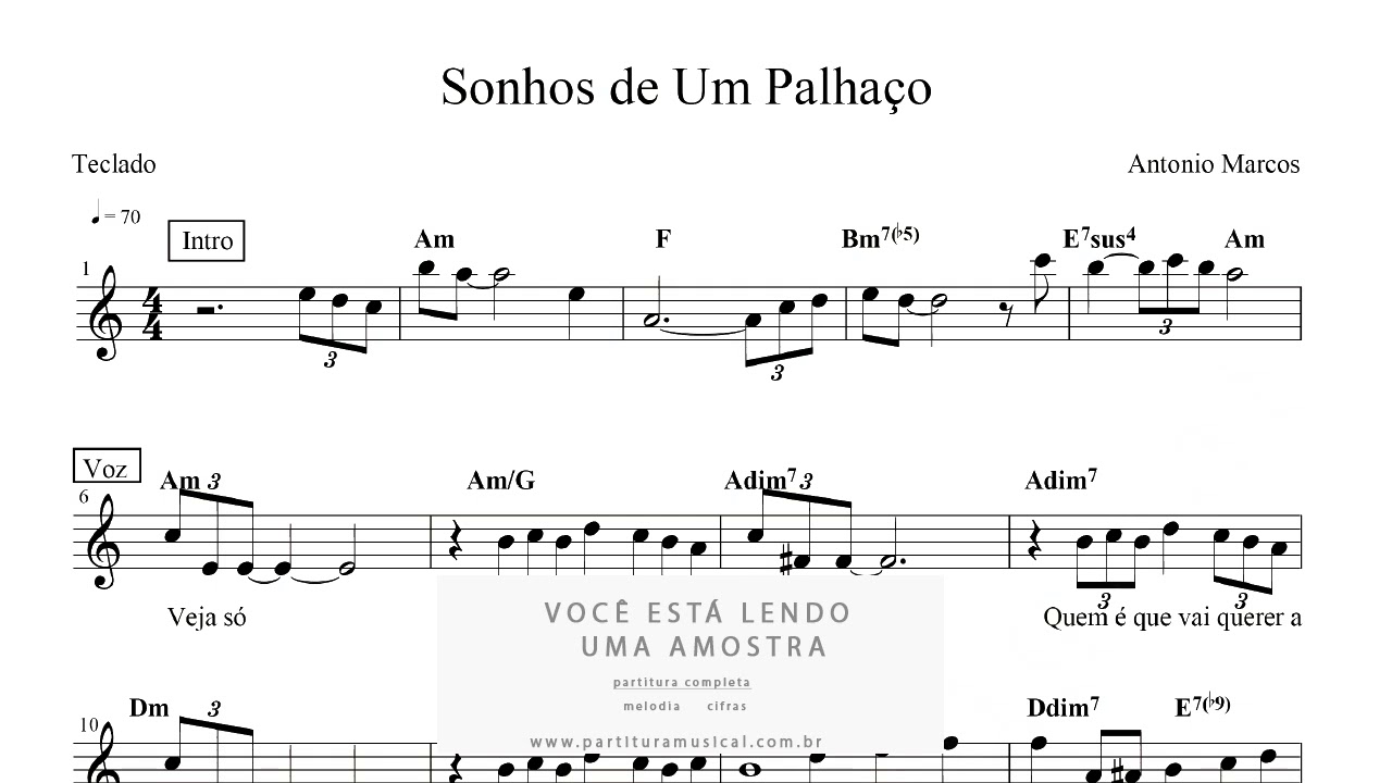 Partitura de Teclado Sonhos de Um Palhaço - Antônio Marcos
