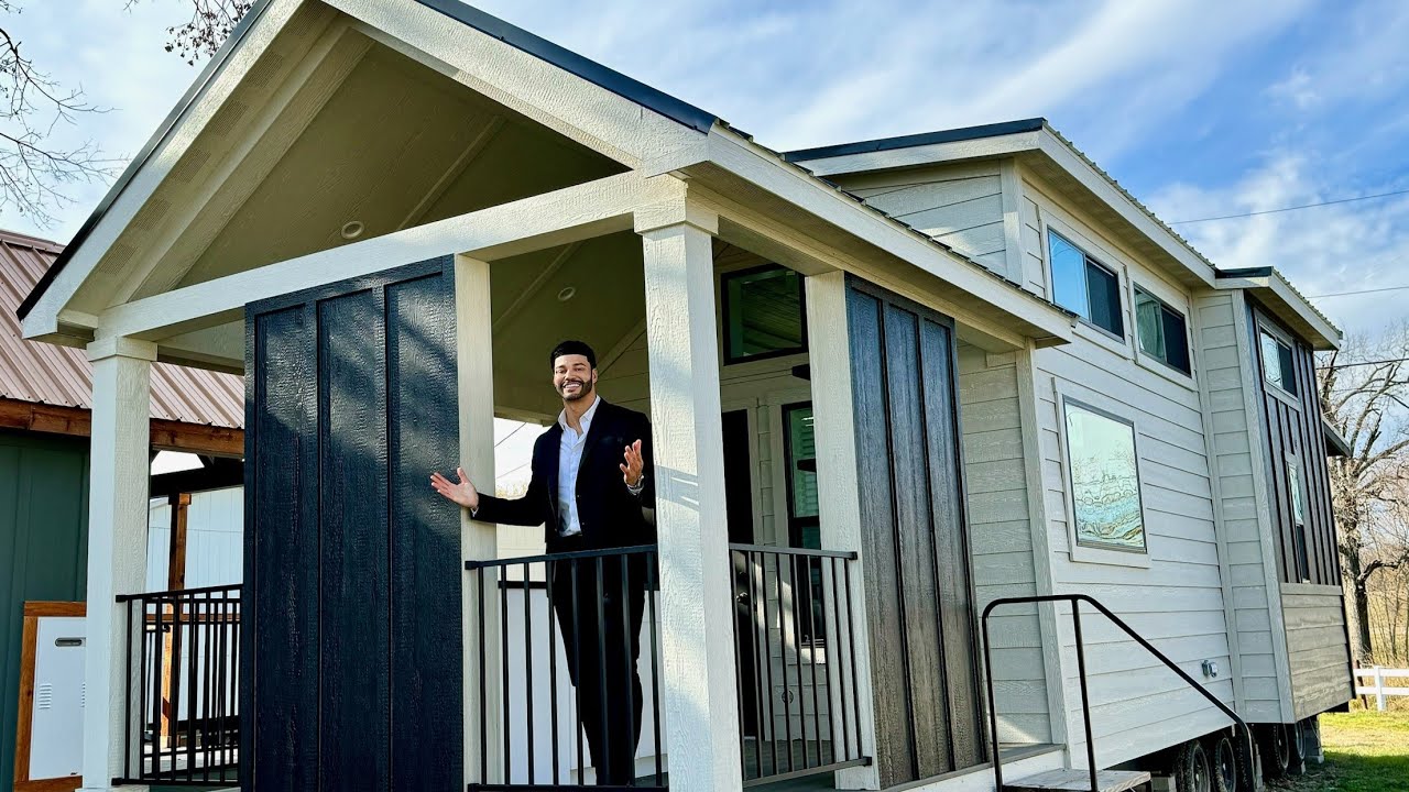 OUTDOOR KITCHEN on this TINY HOME porch with split loft