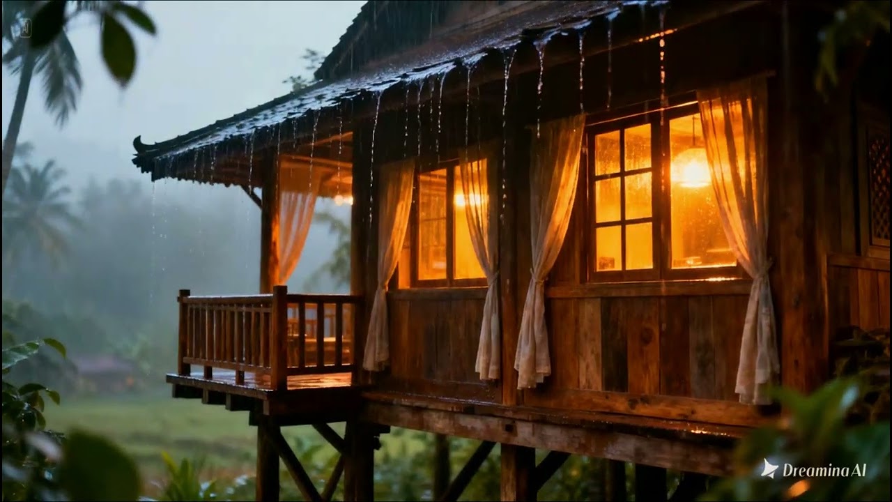 Rain Falling on a Rustic Cabin Porch – Sleep & Study