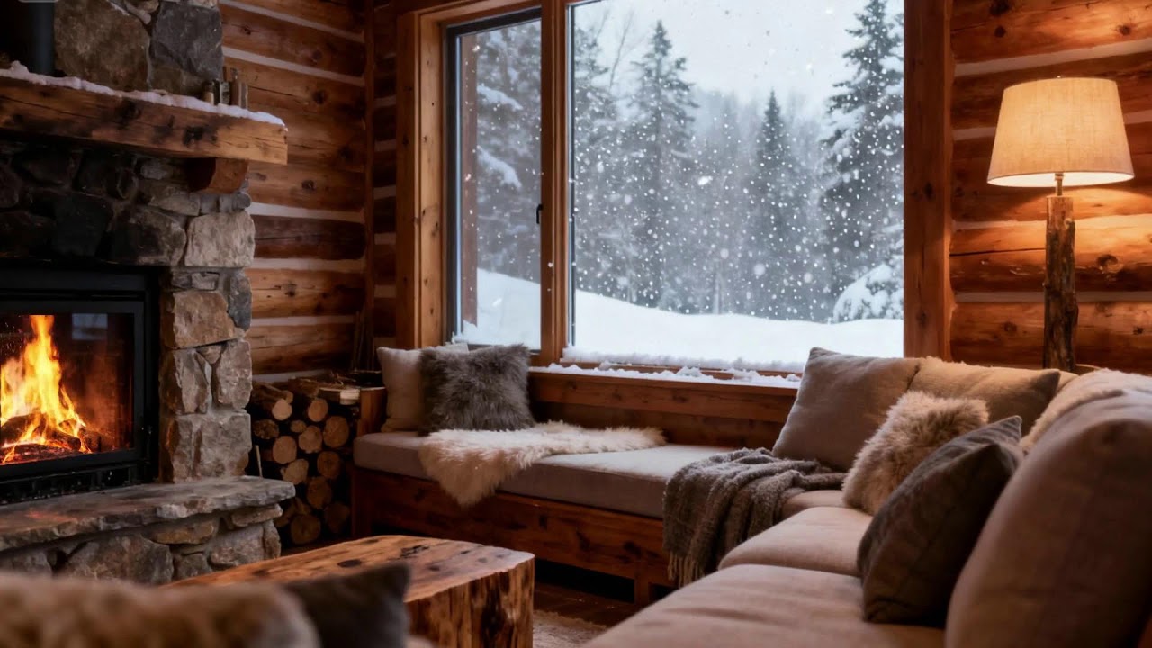 Cozy Winter Cabin Ambience  Snowfall & Soft Focus Soundscape (4K)
