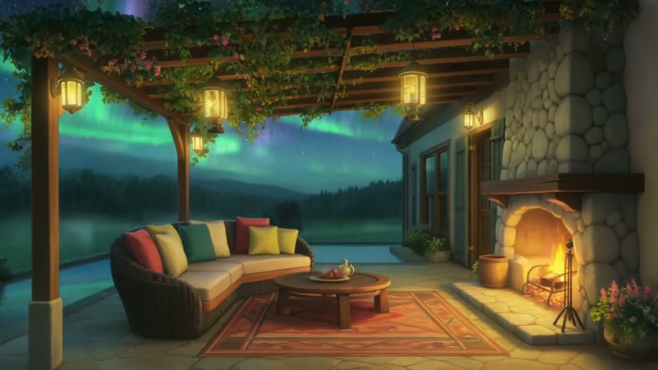 Northern Lights Fireplace Patio | Relaxing Night Ambience | Perfect for Sleep or Study