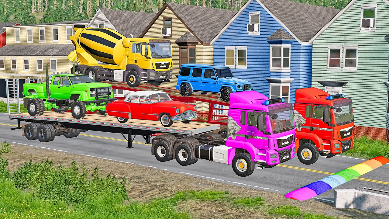 TRANSPORTING PIXAR CARS & FRUITS WITH COLORED & JOHN DEERE vs CLAAS vs TRACTORS - BeamNG.drive #962