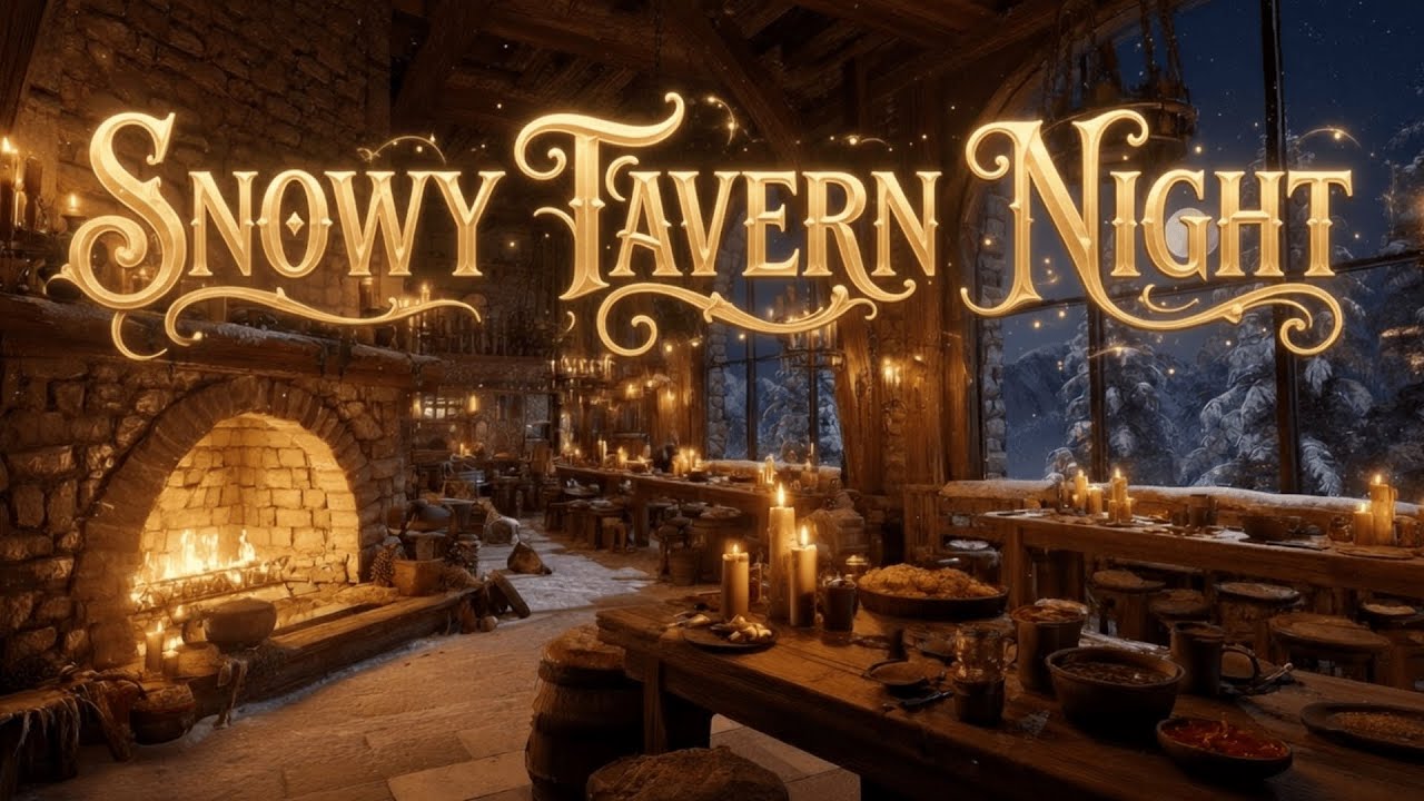Cozy Medieval Tavern Ambience | Snowy Winter Night, Fire & Medieval Music for Sleep, Study, Relax