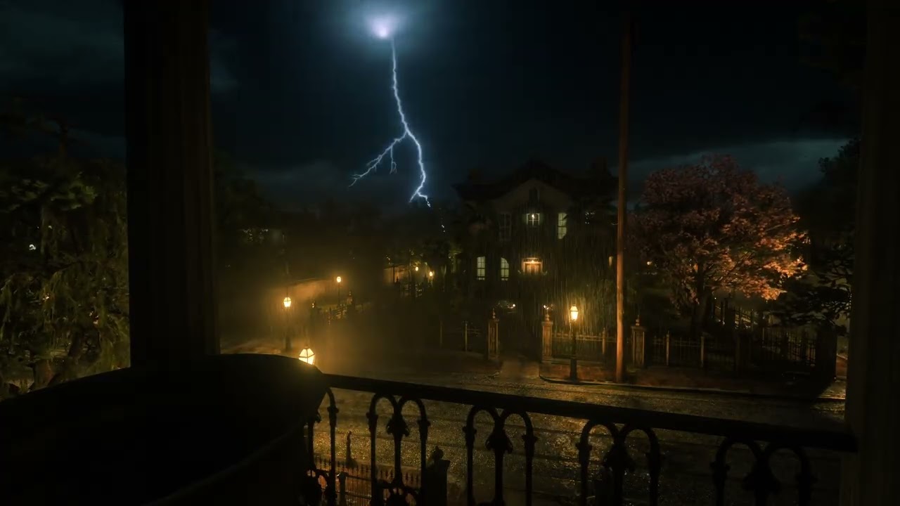 The Best Way To Sleep Instantly: Listen To Rain, Thunder Sound, Crackling Fire⚡Cozy Balcony In Rain
