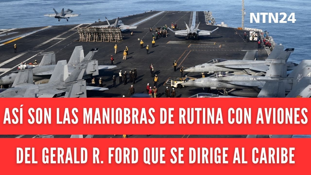 Así se ven las maniobras de rutina con aeronaves despegando del portaviones que se dirige al Caribe