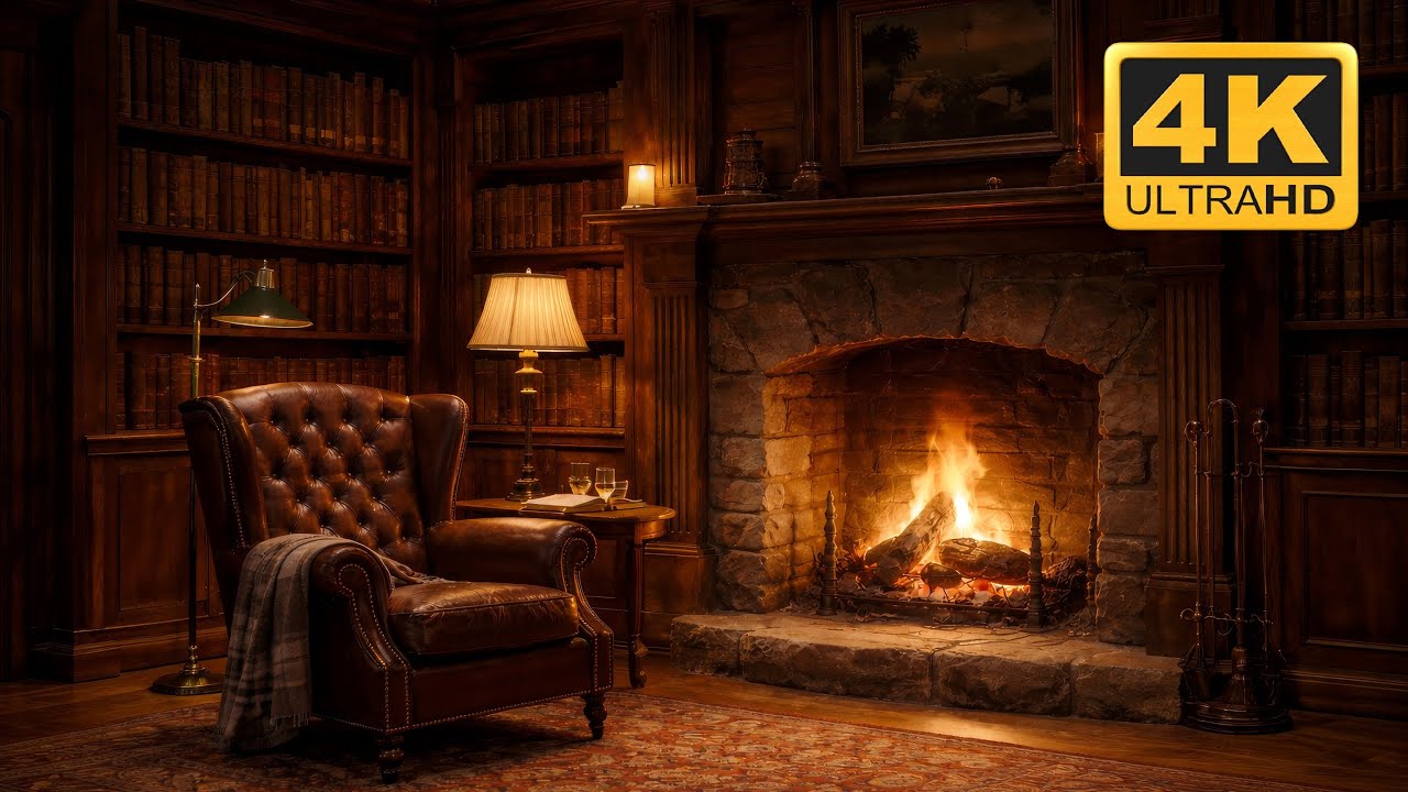 🔥 Cozy Vintage Library Fireplace Ambience | 4K Relaxing Fire Sounds | Warm Study & Sleep Background