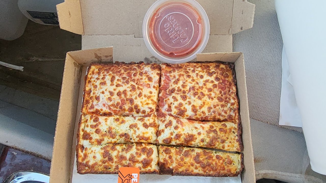 Eating little caesars new Detroit-style slices-n-stix