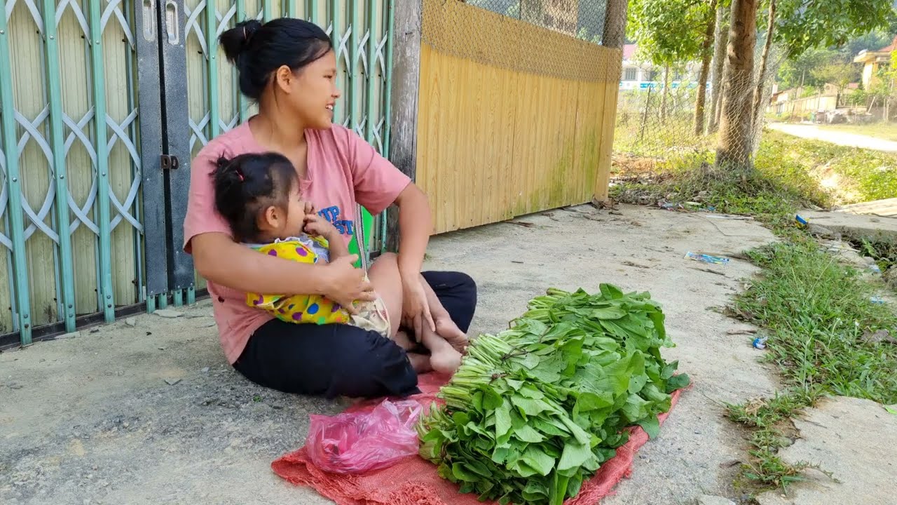 single mom; Harvesting green vegetables with my little daughter, bringing them to the market to sell