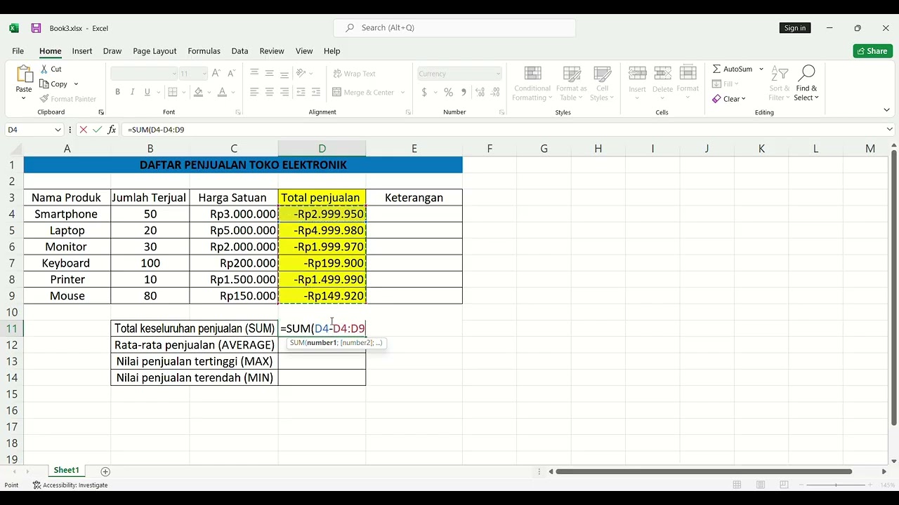Menggunakan Fitur Conditional Formatting untuk data Total Penjualan yang kurang